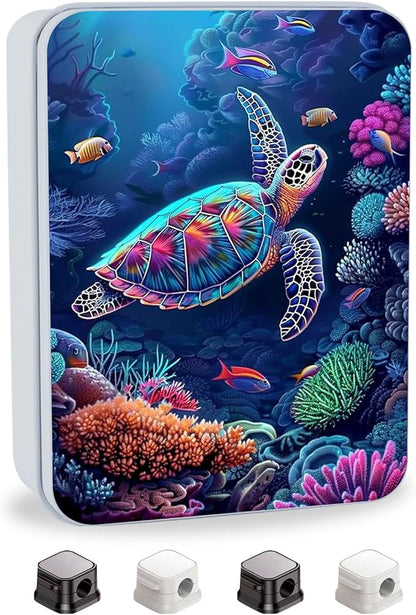 Metal Tin Box with Lid for Game Cards Home Large Organizer Candles Keys Crafts Storage - Comes with 4 Magnetic Cord Clips，Sea Turtle
