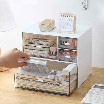 Marknor Desk Organizer with 4 Drawers, Makeup Organizer, Plastic Sundries Storage, Vanity Organizer, Cosmetic Storage Organizer, Desk Storage Box, Bathroom Counter or Dresser, White (CD-QBH-01)