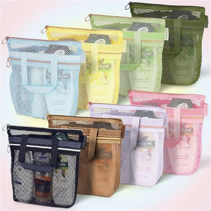 DV Lifestyle Mesh Shower Bag 10.2x9.9'' Quick-Dry Caddy with Zipper & 2 Pockets. Portable Toiletry Tote for Bathroom, Gym, Travel, Camp, Beach, for Sunscreen, Dorm & College Essentials (Light Gray)
