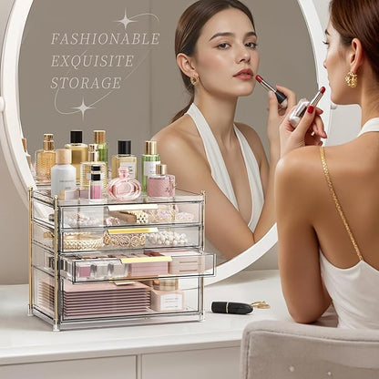 Aveniee 4 Drawers Makeup Organizer- Bathroom Counter Organizers and Storage, Plastic Bins Versatile Perfume Vanity Desk Organization for Cosmetic, Skincare, Face Mask, Jewelry, Clear