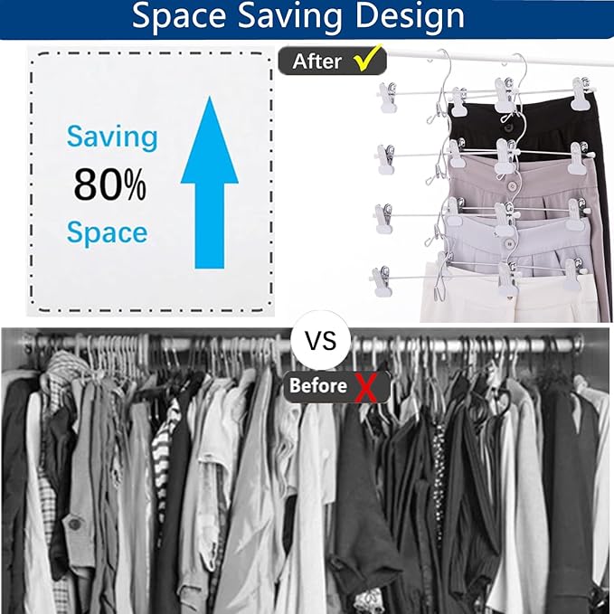 13 Inch White Heavy Duty Add-on Stackable Metal Hanger for Trousers Pants Skirt with Extra Strong Clips Pack of 10