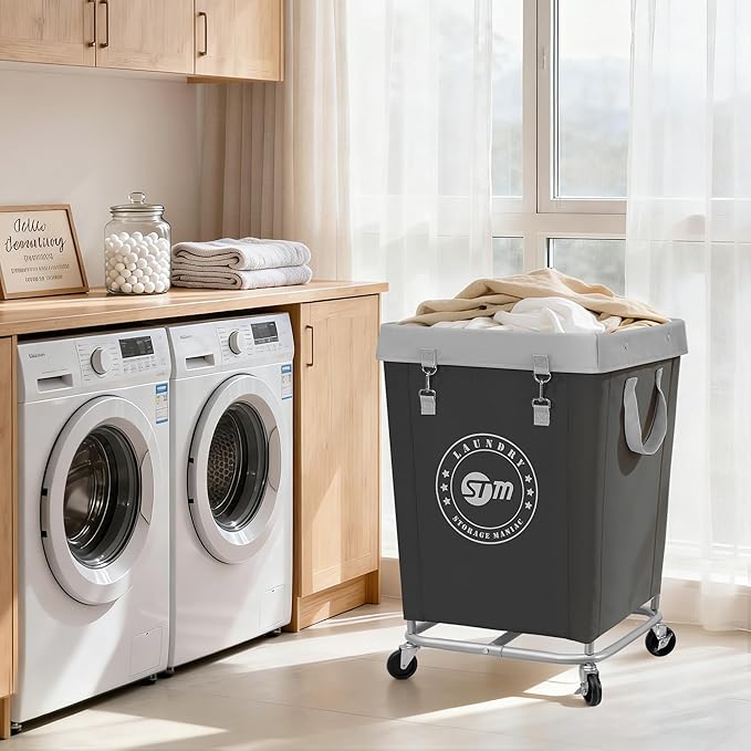 STORAGE MANIAC Commercial Laundry Hamper with Heavy Duty Steel Frame, 160 L Industrial Laundry Basket Cart with Wheels for Hotel, Home, Laundry Room, 17.72''L x 17.72''W x 30.91''H, Medium Black