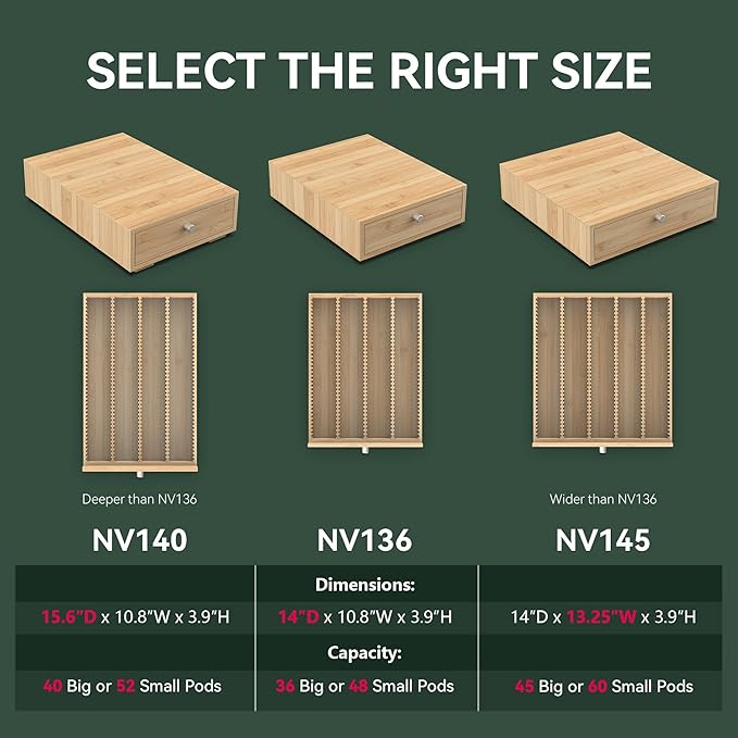 for Nespresso Vertuo Capsules (NV145) - Premium Bamboo Coffee Pod Drawer, 45 Big or 60 Small Vertuoline Pods Organizer - 13.25"Wx14"Dx3.9"H (Natural)