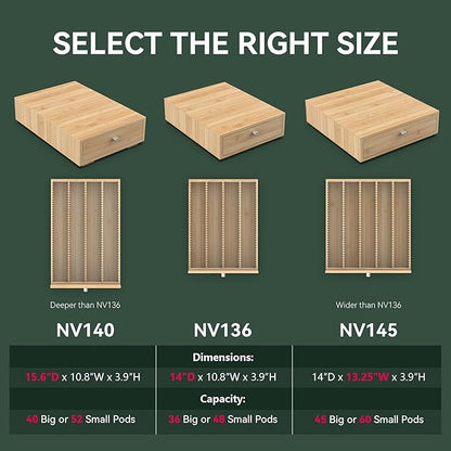 for Nespresso Vertuo Capsules (NV145) - Premium Bamboo Coffee Pod Drawer, 45 Big or 60 Small Vertuoline Pods Organizer - 13.25"Wx14"Dx3.9"H (Natural)