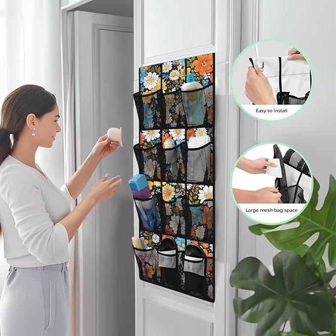 Hippie Flowers Space Saving Hanging Shoe Organizer,Entryway Bedroom Bathroom Storage Bags with 12 Mesh Large Pockets,Unique Print