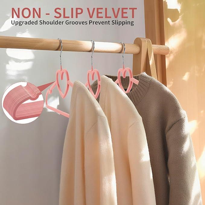 50 Pack Velvet Pink Hangers, Cute Heart Clothes Hangers with 360 Degree Swivel Hook, Non-Slip Thin Felt Hanger for Adult, Coat, Dress, Shirt, Jacket, Pants in Closet
