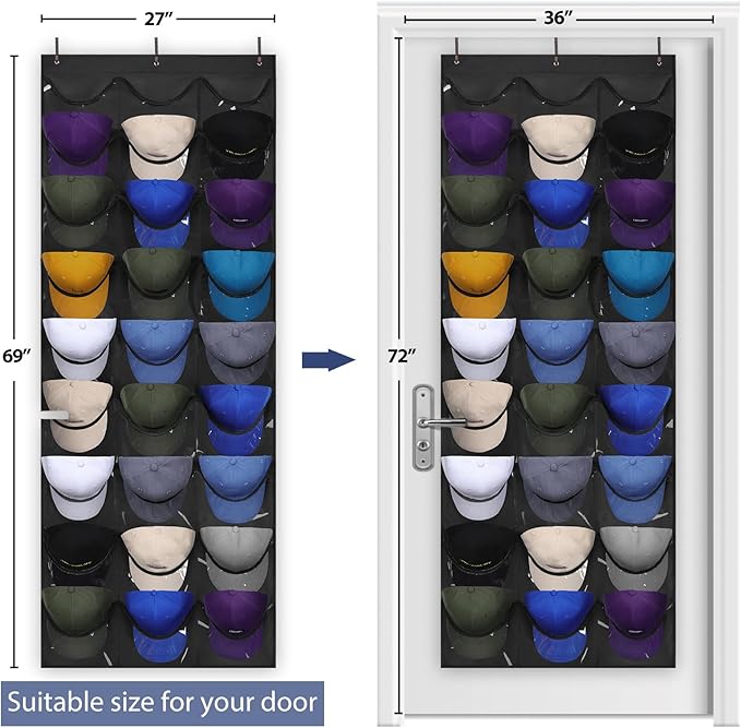 Dofilachy Hat Rack - Hat Organizer - Hat Racks for Baseball Caps, Visible Hat Holder - Baseball Rack for Wall Door with 3 Hooks, 27 Deep Pockets