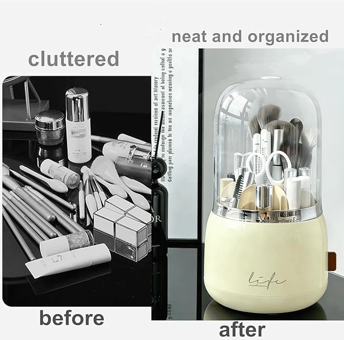 360 Rotating Makeup Brush Holder with Lid Clear Dustproof Make Up Organizers for Vanity Countertop Includes a Foldable Bowl for Cleaning Makeup Brush Transparent Dustproof(Beige)