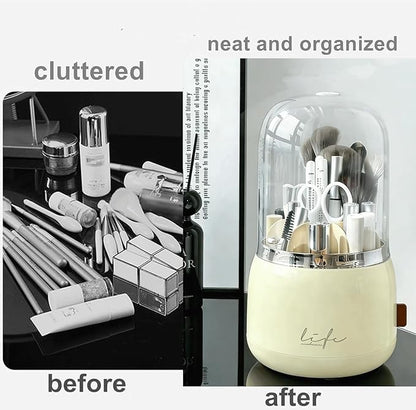 360 Rotating Makeup Brush Holder with Lid Clear Dustproof Make Up Organizers for Vanity Countertop Includes a Foldable Bowl for Cleaning Makeup Brush Transparent Dustproof(Beige)