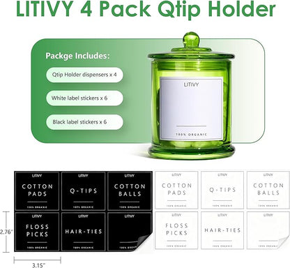 LITIVY 4 Pack Bathroom Organizers and Storage - 16 Oz Glass Qtip Holder & Cotton Pad Dispenser with Lid, Apothecary Jars for Home, Room Decor, Kitchen Organizer (Green)
