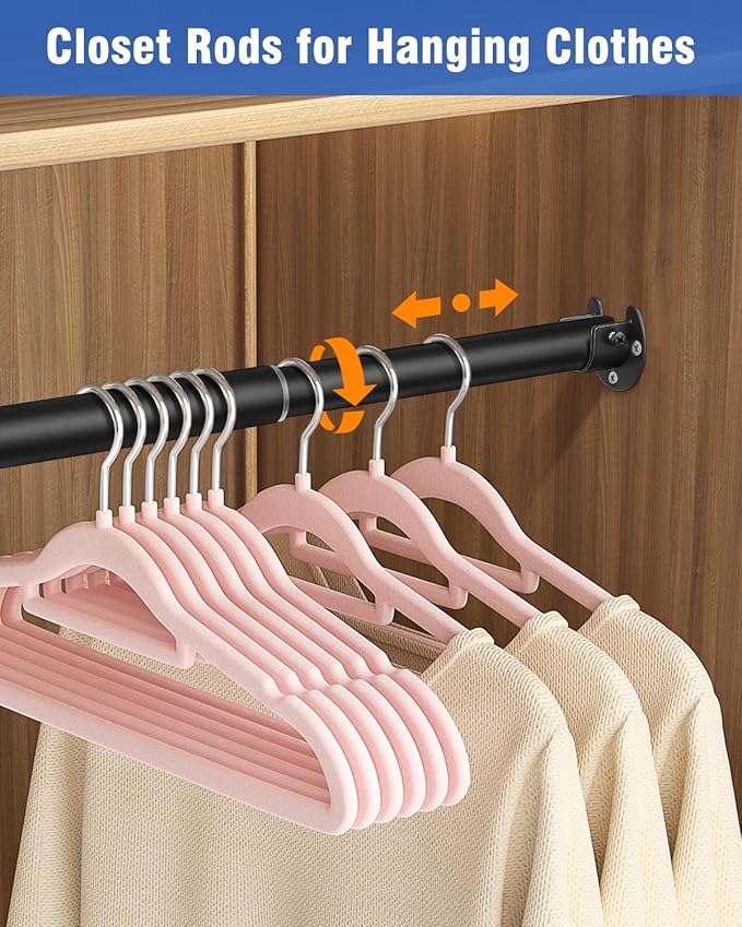 Closet Rods for Hanging Clothes - Heavy Duty, Length Adjustable (Black, 66.5" - 76")