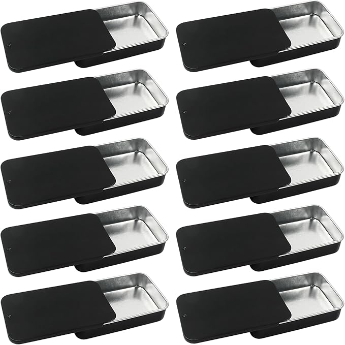 10 Pcs Black Metal Tin Container Slide Lid, 3.14" x 1.97" x 0.63" Metal Tin Container Slide Top for DIY Pills, Solid Perfumes, Lip Balms, Cards and Herbs
