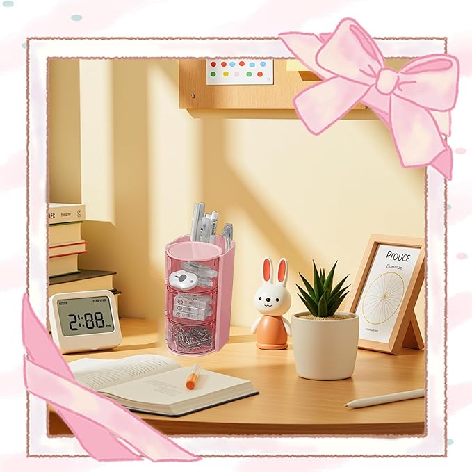 Hair Accessories Organizer,Rotating 3-Tier Pink Storage Tower,Multifunctional Rotatable Holder for Hair Accessories,Hair Clips,Bows,Scrunchies,Makeup Brush Holder,Pink Vanity Accessories