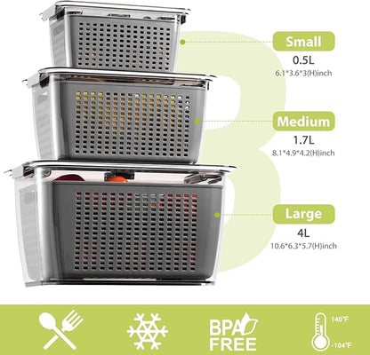Fresh Fruit Vegetable Storage Containers, 3 Pack Produce Saver Container for Fridge with Lids &Removable Colander BPA-Free Refrigerator organizer for Fruit, Veggie Berry, Meat Keep Fresh Longer- Grey