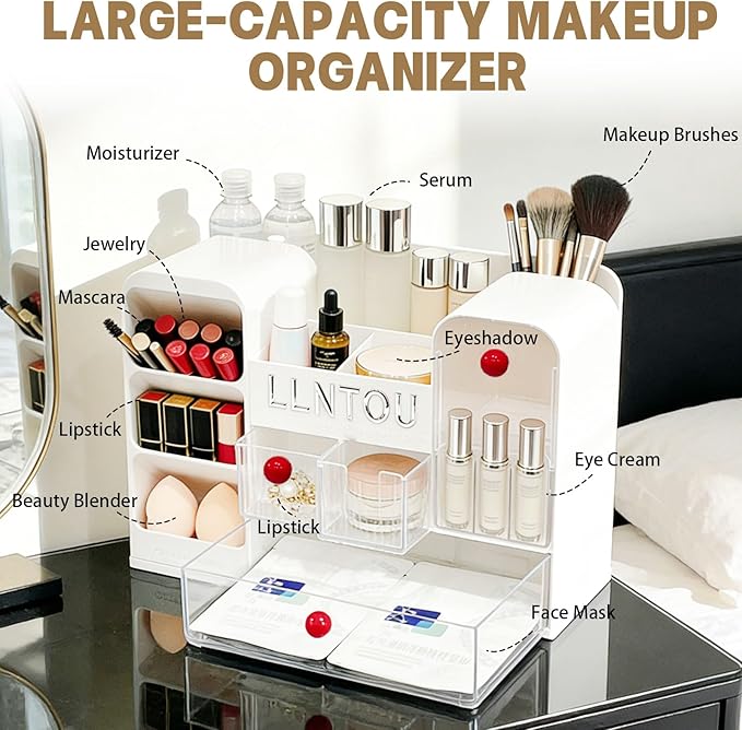 Makeup Organizer for Vanity with Brush Holder, Large Cosmetic & Skincare Organizer Countertop with Muti-Drawers, Cosmetic Display Case for Lipsticks, Nail Polishes, Perfumes, Eyeshadow (white)