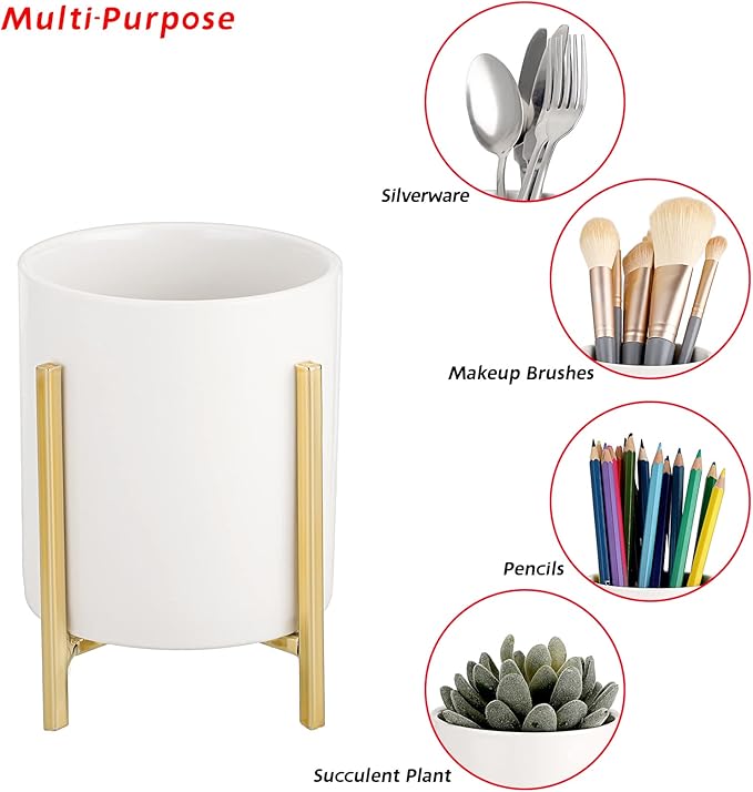 JUXYES Pack of 3 Ceramic Silverware Holder For Party Table, White Cutlery Holder Holder With Golden Metal Bracket, Small Flatware Caddy Organizer Utensil Holder Organizer for Kitchen Dining Tables