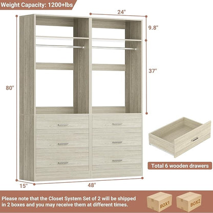 Besiost Closet System Set of 2, 4FT Closet Systems with 6 Wood Drawers, 48" Closet Organizer System with 2 Hanging Rods & 2 Shelves, Heavy Duty 48 Inch Walk-in Closet, White Oak (48"L x 15" W x 80" H)
