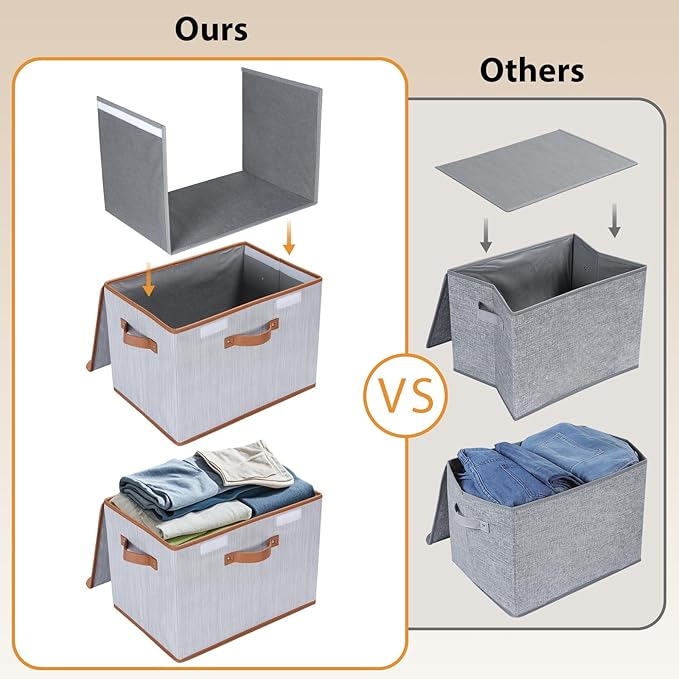 Univivi Heavy Duty Fabric Storage Bins with Lid, Large 17" 10 Gallon Stackable Storage Bins with Leather Handles, Decorative Storage Boxes with Lids for Bedroom, Closet, Nursery, Office, 3-Pack(Grey)