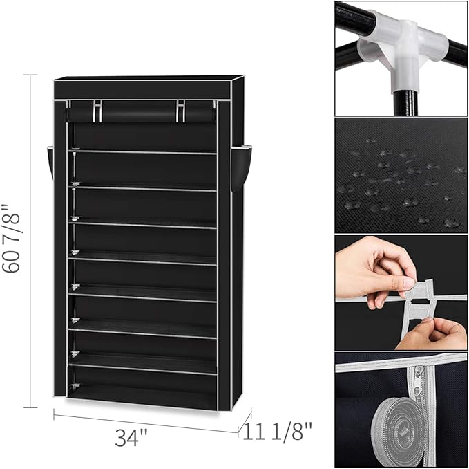 10 Tier Shoe Rack with Dustproof Cover Shoe Shelf Storage Organizer, Widen Shoe Storage Shelf for 40-45 Pairs of Shoes (Black)