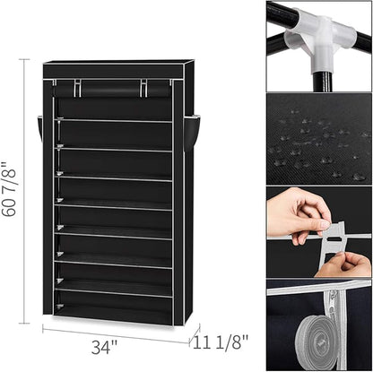 10 Tier Shoe Rack with Dustproof Cover Shoe Shelf Storage Organizer, Widen Shoe Storage Shelf for 40-45 Pairs of Shoes (Black)