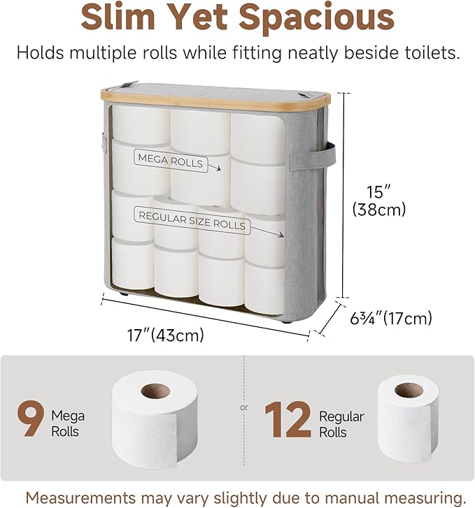 StorageWorks Toilet Paper Storage Baskets with Dual Flip Lids, Toilet Paper Organizer for Bathroom, Toilet Paper Container with Side Pocket, Holds 9 Mega or 12 Regular Rolls, Medium, Grey