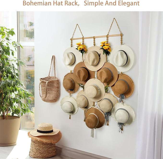 Macrame Hat Organizer Rack for Wall 15 Clips 31x66in Large Fedora Hat Hangers Display for Wide Brimmed Hat Holder Storage Boho Decor for Fedora Sun Straw Panama Closet Bedroom Brown
