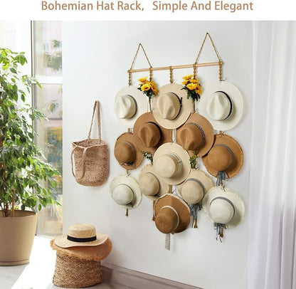 Macrame Hat Organizer Rack for Wall 15 Clips 31x66in Large Fedora Hat Hangers Display for Wide Brimmed Hat Holder Storage Boho Decor for Fedora Sun Straw Panama Closet Bedroom Brown