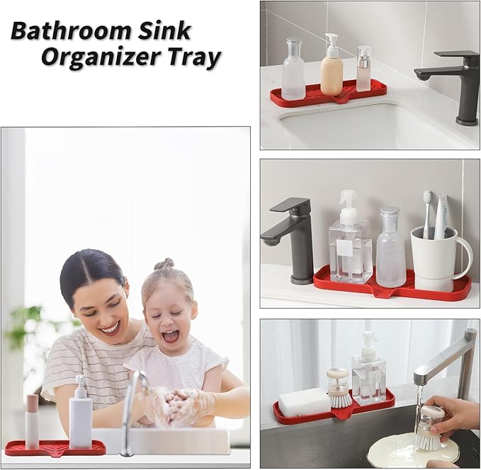 MicoYang Silicone Bathroom Soap Dishes with Drain Spout-Bathroom and Kitchen Sink Organizer,Sponge Holder,Dish Soap Tray,Perfect for Dispenser,Scrubber,Bottle,Cup on Sink or Counter-Red 12"×4"