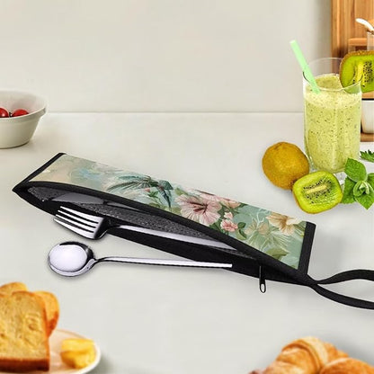 COEQINE Hummingbirds Travel Flatware Organizer Cutlery Pouch Metal Straws Case Green Floral Utensil Carrying Case for Knife Frok Spoon Organizer Holder