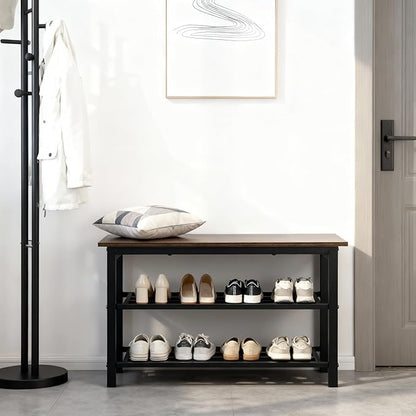 3-Tier Shoe Rack Bench, Shelf Storage Bench w/h Metal Shelves and Seat, Free Standing Shoe Organizer for Entryway, 11 x 27.2 x 17.2 Inches Shoe Bench, Brown & Black