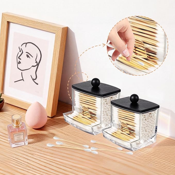 SheeChung 10Oz Acrylic Qtip Holder Dispenser for Cotton Swab, Clear Plastic Containers Apothecary Jars with Bamboo Lid, Bathroom Accessories, Vanity Organizers and Storage, Home Essentials-Black, 2Pcs