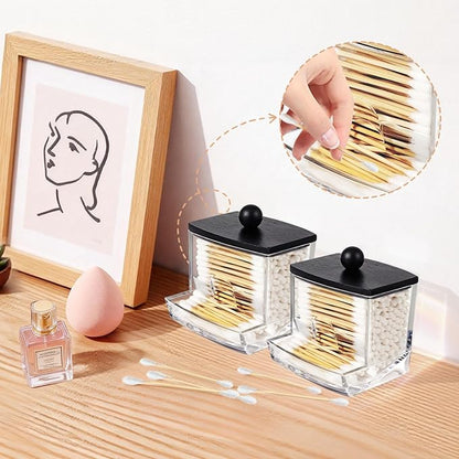 SheeChung 10Oz Acrylic Qtip Holder Dispenser for Cotton Swab, Clear Plastic Containers Apothecary Jars with Bamboo Lid, Bathroom Accessories, Vanity Organizers and Storage, Home Essentials-Black, 2Pcs