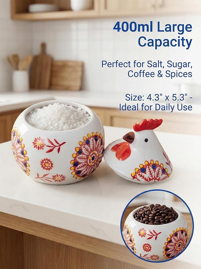 Ceramic Salt Cellar with Lid and Spoon 13oz Large Chicken Rooster Cookie Jar Salt Containers Holder for Counter, Coffee, Sugar, Spices and Candies Holder Ideal for Easter Day Home Kitchen Decor (Red)