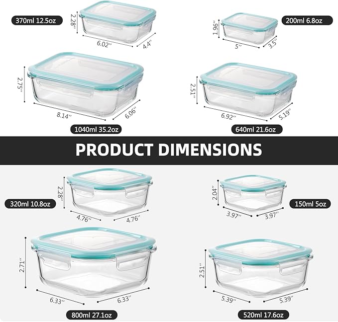 Liuruiyu Glass Food Storage Containers with Lids, 8 Pack Meal Prep Containers, Airtight Bento Boxes with Leak Proof Locking for Microwave, Oven, Freezer and Dishwasher, BPA Free（5oz to 36oz）