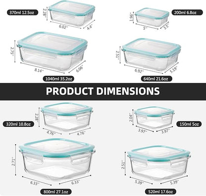 Liuruiyu Glass Food Storage Containers with Lids, 8 Pack Meal Prep Containers, Airtight Bento Boxes with Leak Proof Locking for Microwave, Oven, Freezer and Dishwasher, BPA Free（5oz to 36oz）