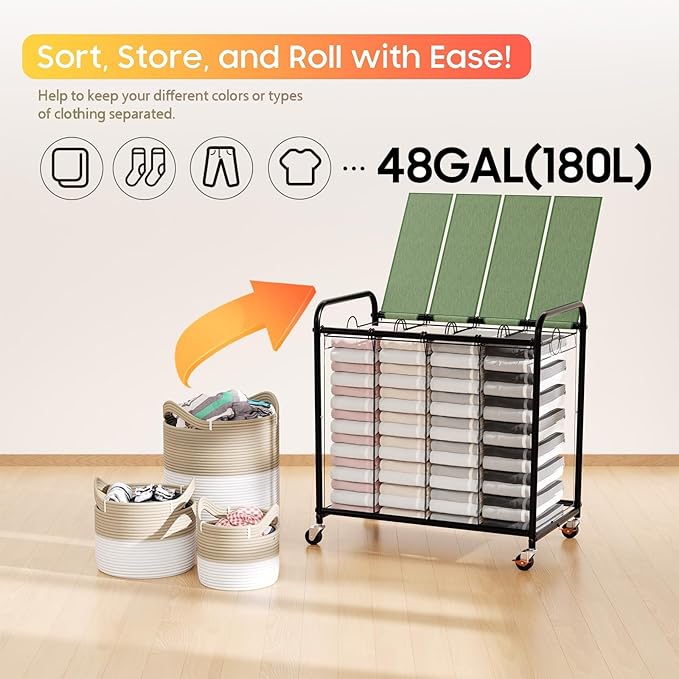 Laundry Sorter 4 Sections 48 Gal, Rolling Laundry Basket with Lockable Wheels and Lid, Laundry Hamper with 4 Separated Removable Bags Dirty Clothes Hamper for Laundry Room Organizer, Green