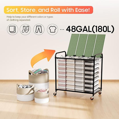 Laundry Sorter 4 Sections 48 Gal, Rolling Laundry Basket with Lockable Wheels and Lid, Laundry Hamper with 4 Separated Removable Bags Dirty Clothes Hamper for Laundry Room Organizer, Green