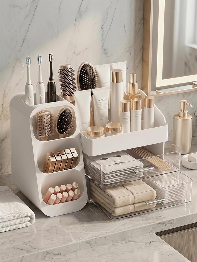 Booklov Makeup Organizer for Vanity, Large Capacity Cosmetic Display Case with Clear Acrylic Drawer, Countertop Beauty Storage Holder for Skincare, Brush Eyeshadow Lipstick Counter Desk, Crystal White