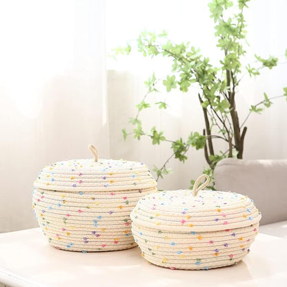 Sea Team Round Cotton Rope Storage Basket with Lid, Colorful Rainbow Pompom Woven Storage Bin, Pot, Caddy, Organizer, Container for Snacks, Towels, Plants, 13 x 9 Inches (Large, Rainbow)