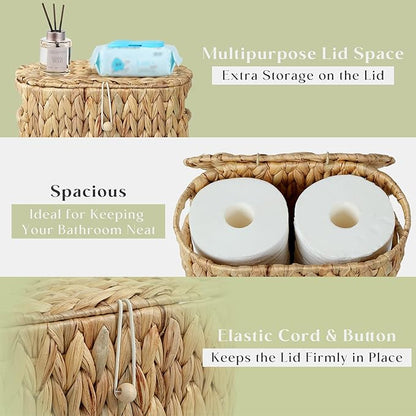 YANGQIHOME Toilet Paper Storage, Water Hyacinth Toilet Paper Storage with Lid, Papers Container for up to 4 Mega Rolls, Bathroom Basket Organizer