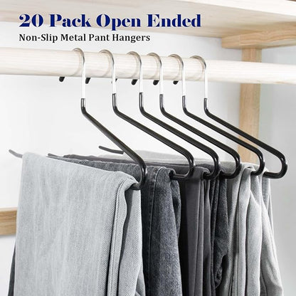 20 Pack Open Ended Pants Hangers with Non Slip Design,Suitable for Trousers,Jeans,Towels for Closet Space Saving,Durable Metal Material with Rubber Coating (Black)