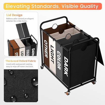 Laundry Sorter 4 Sections 48 Gal, Rolling Laundry Basket with Lockable Wheels and Lid, Laundry Hamper with 4 Separated Removable Bags Dirty Clothes Hamper for Laundry Room, Multicolor