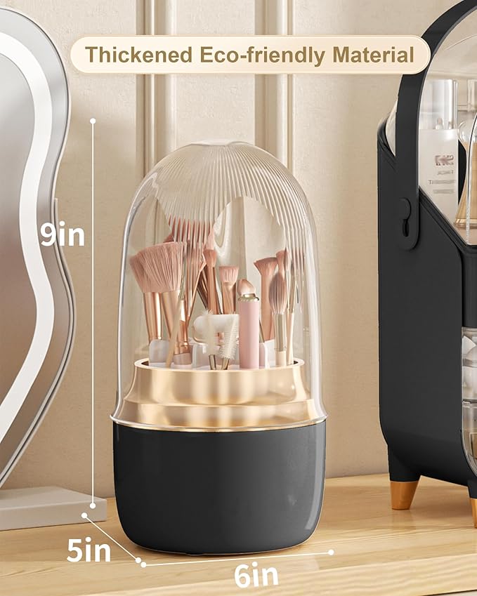 Anylady Makeup Brush Holder 360 Rotating, [Upgrade & with Cover] Makeup Brush Organizer for Vanity Countertop Bathroom (Black)