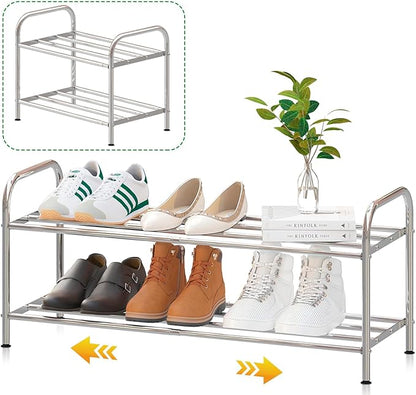 2-Tier Expandable Shoe Rack - 100% Stainless Steel,4-Rod Extendable & Adjustable Feet | Simple Stretchable Space-Saving Shelf for Small Space Closet Entryway (15" to 27", Silver)