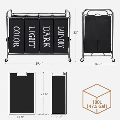 STORAGE MANIAC Laundry Sorter 4 Section, 47.8 Gal (181 L) Laundry Hamper with Wheels, Clothes Divider Basket Sorter, Clothes Separator Hamper Cart with Wheels and Removable Bags, Label Black