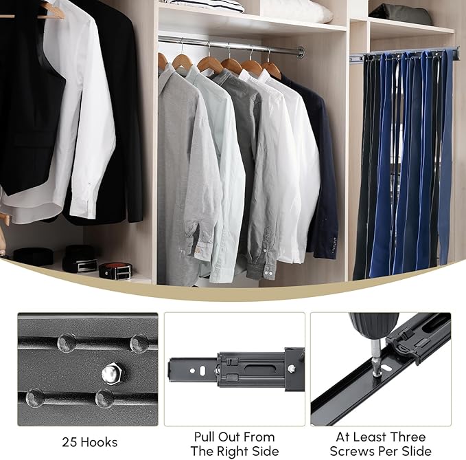 Blulu 2 Pcs 13.8'' Sliding Tie Rack Hangers for Closet, 25(Total 50) Tie Pull Out Wall Mounted Extending Sturdy Metal Belt Organizer Holder for Men Belt Storage, Black