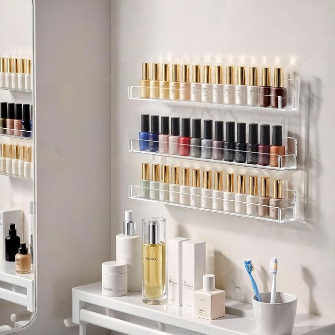 NIUBEE 6 Pack Nail Polish Rack Wall Mounted Shelf with Removable Anti-Slip End Inserts, Clear Acrylic Nail Polish Organizer Display 90 Bottles