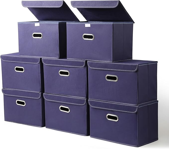 STOREONE Fabric Storage Cube Bins Foldable Organizer Container Collapsible Basket with Lids and Metal Handles, for Home, Bedroom, Closet 8 Pcs (Navy Blue)