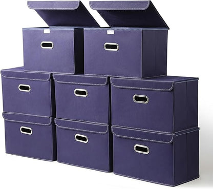 STOREONE Fabric Storage Cube Bins Foldable Organizer Container Collapsible Basket with Lids and Metal Handles, for Home, Bedroom, Closet 8 Pcs (Navy Blue)