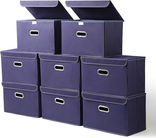 STOREONE Fabric Storage Cube Bins Foldable Organizer Container Collapsible Basket with Lids and Metal Handles, for Home, Bedroom, Closet 8 Pcs (Navy Blue)